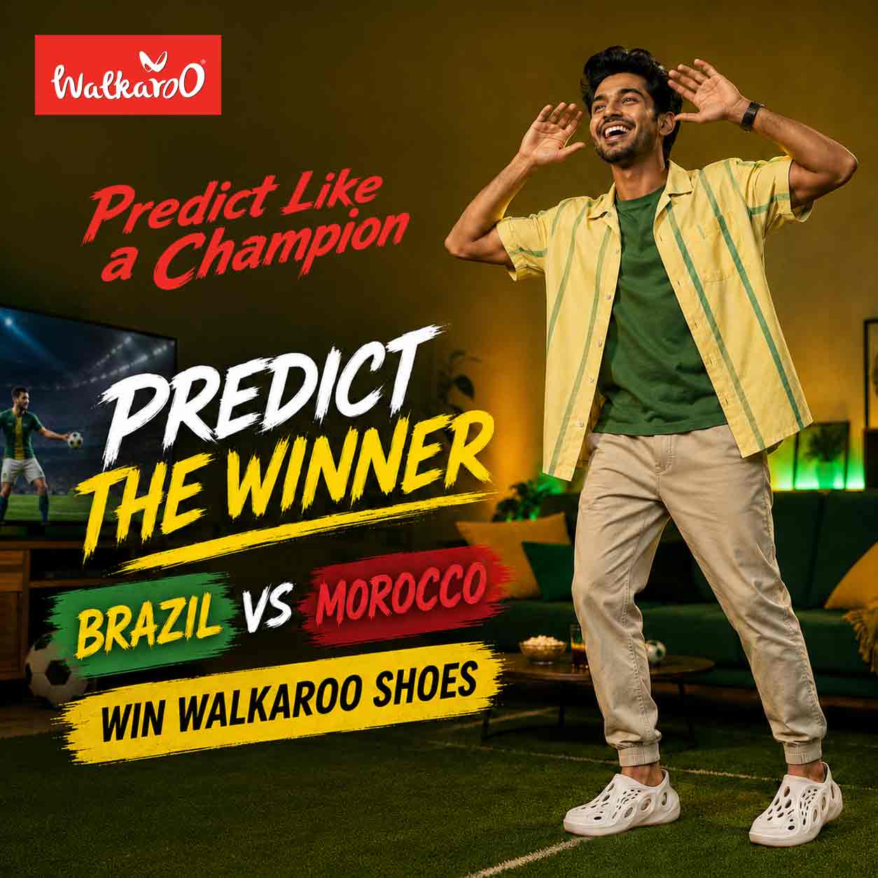 AI-generated social media campaign visual for Walkaroo Bangladesh Predict Like a Champion campaign, created for Facebook and Instagram during the FIFA World Cup season.