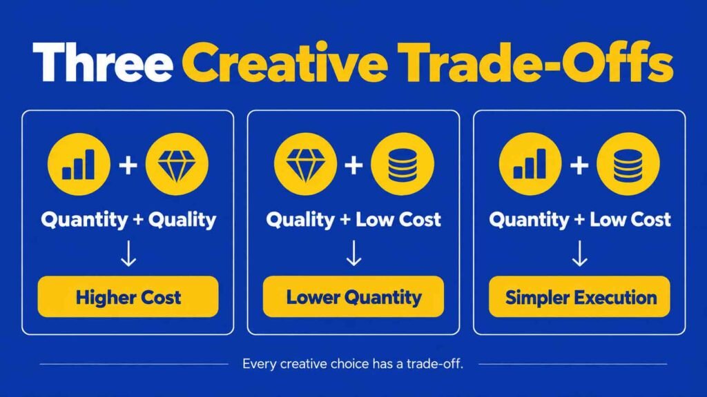 Creative Pick Two Rule infographic showing quantity and quality equals higher cost, quality and low cost equals lower quantity, and quantity and low cost equals simpler execution