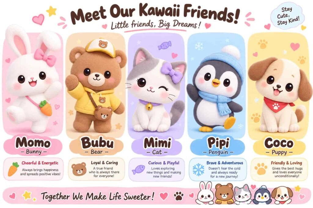 Five Kawaii Life brand mascots Momo, Bubu, Mimi, Pipi, and Coco created for an AI character storytelling series